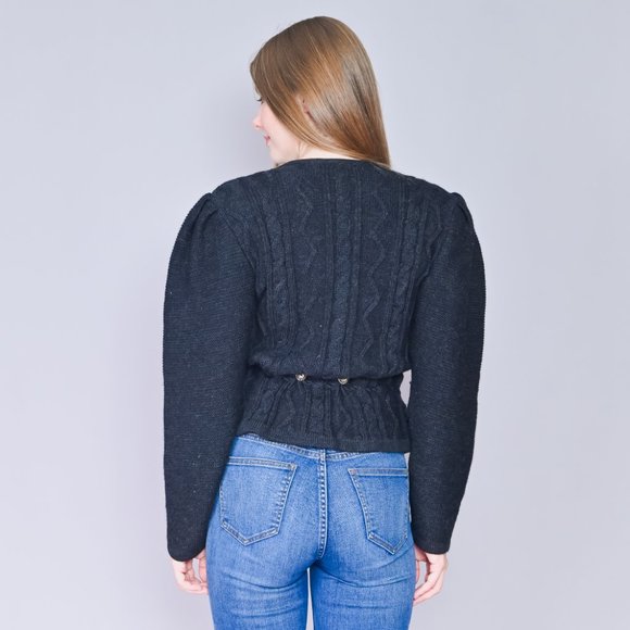 321. VINTAGE Trachtenmode Austrian Alps Grey Black Knit Wool Cardigan M - Picture 5 of 7